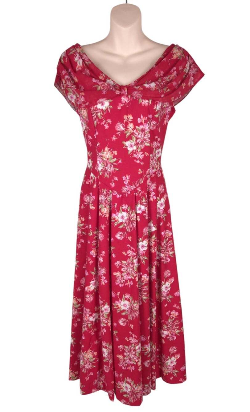 Vintage 80s Laura Ashley Floral Sweetheart Midi Dress US 12 UK 14 Womens Red